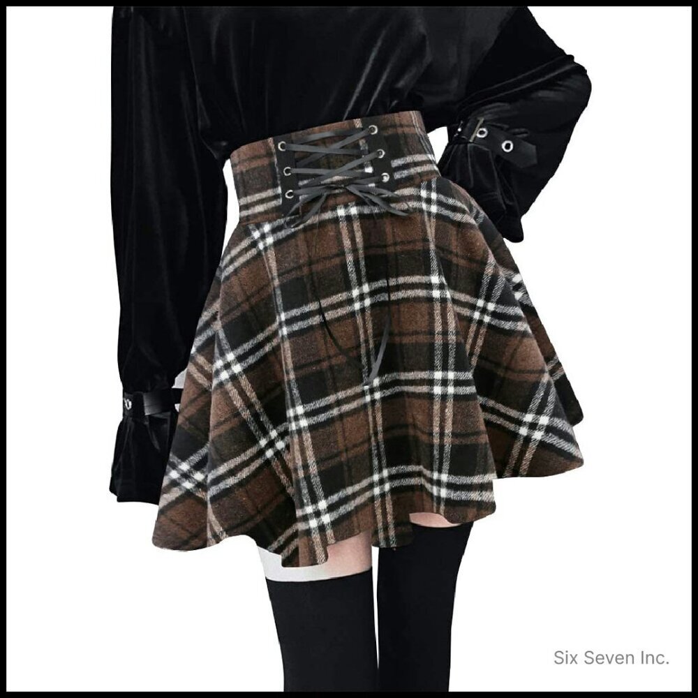 Wool Plaid Mini Skirt High Waisted Lace Up Pleated Skater Style Y2K